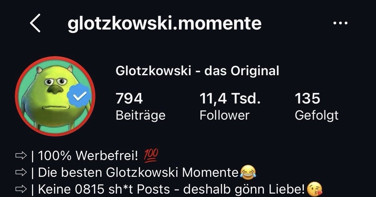 Screenshot der Instagram-Memepage glotzkowski.momente mit 11,4 Tausend Followern.